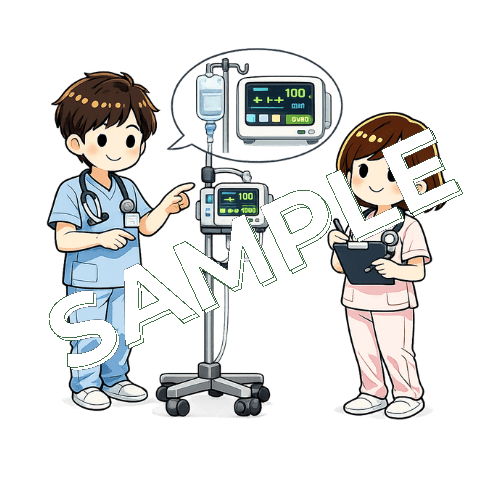 臨床工学技士から輸液ポンプの使い方の説明を受ける女性看護師のイラスト