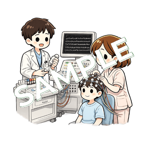 臨床検査技師と脳波検査の準備をする女性看護師のイラスト