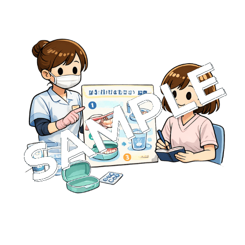 歯科衛生士から義歯の手入れ方法を教わる女性看護師のイラスト