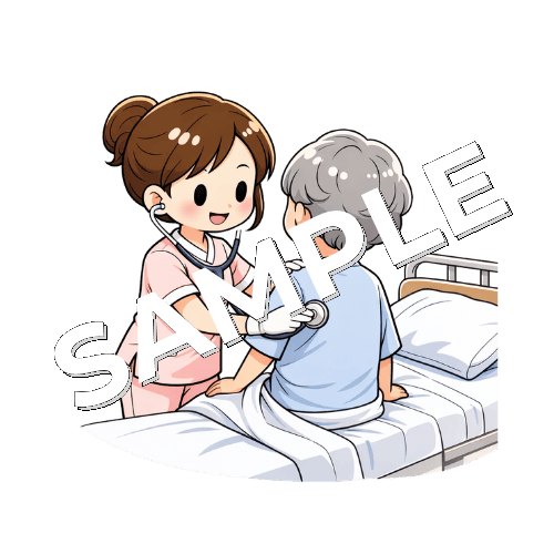 患者の背中を聴診器で聴診する女性看護師のイラスト