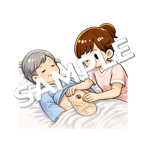 ストーマ用のパウチを患者のお腹に貼る女性看護師のイラスト