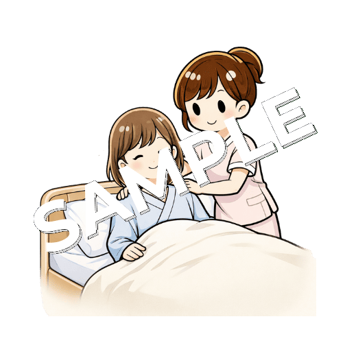 ベッドに寝ている若者女性患者の上半身を起こすサポートをする女性看護師のイラスト