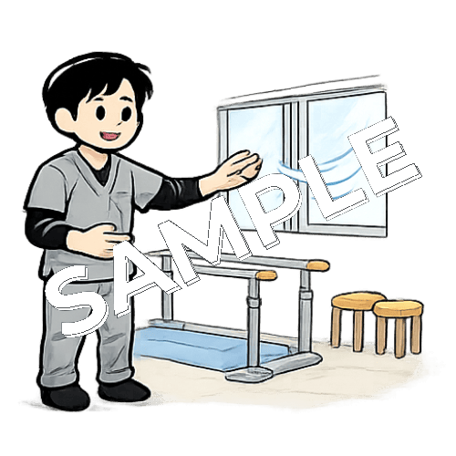 リハビリ室の窓を開けて換気する男性理学療法士のイラスト