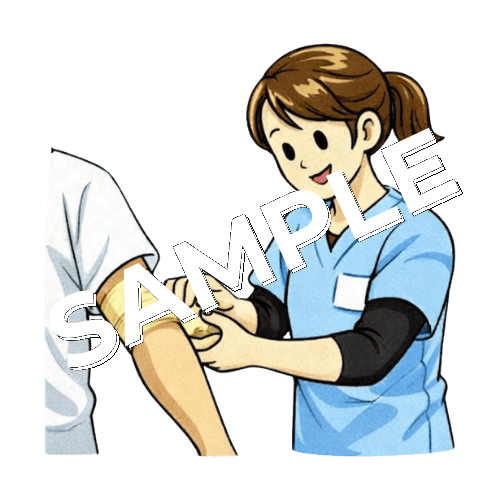 アンダーラップを患者の腕に巻いている女性柔道整復師のイラスト