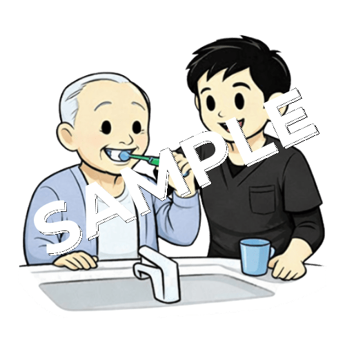 歯磨き動作の練習をする高齢患者と男性作業療法士のイラスト