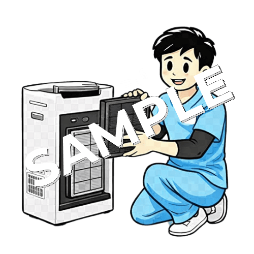 空気清浄機のフィルターを交換している男性柔道整復師のイラスト