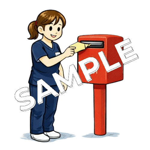 郵便ポストに封筒を投函している女性柔道整復師のイラスト