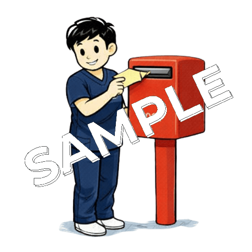 郵便ポストに封筒を投函している男性柔道整復師のイラスト