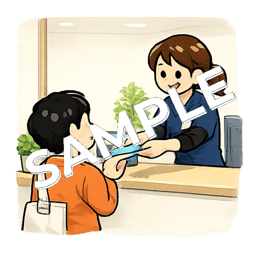レジで会計をする女性柔道整復師のイラスト