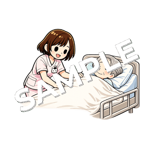 ベッドに寝ている患者の毛布を肩までかける女性看護師のイラスト
