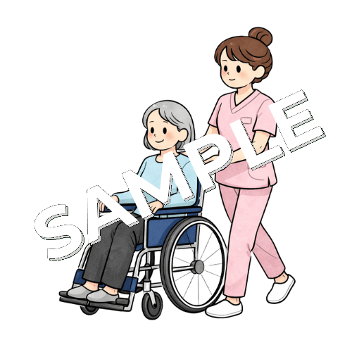 高齢女性の車いす患者を押す女性看護師のイラスト