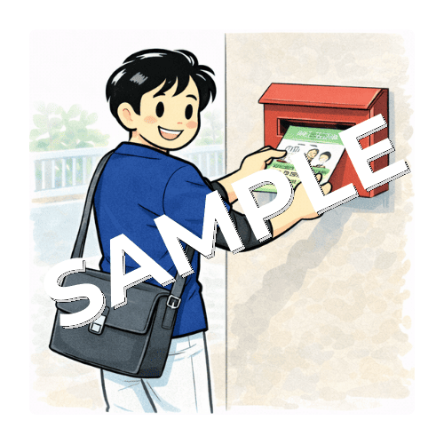 院のチラシをポストに投函する男性柔道整復師のイラスト