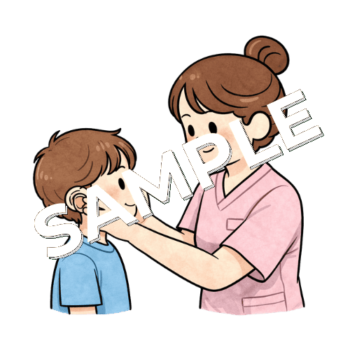 男の子の患者の補聴器を装着する女性看護師のイラスト