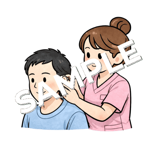 男性患者の補聴器を装着する女性看護師のイラスト
