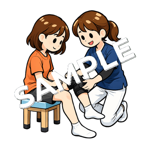 患者の膝にサポーターを装着する女性柔道整復師のイラスト