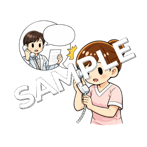 臨床検査技師から緊急検査の結果を電話で受け取る女性看護師のイラスト