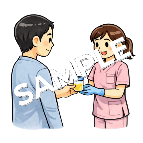 患者から尿検体を受け取る女性看護師のイラスト
