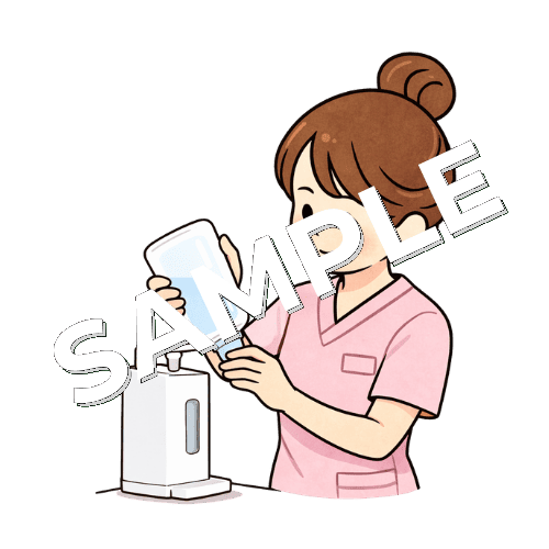 消毒液のディスペンサーを補充する女性看護師のイラスト
