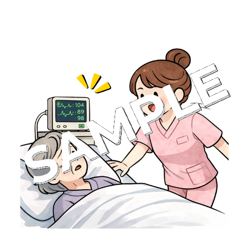 高齢女性患者のモニターアラームに対応する女性看護師のイラスト