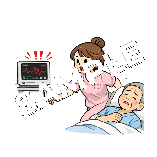 高齢男性患者のモニターアラームに対応する女性看護師のイラスト