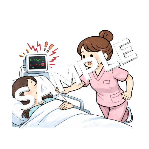 女性患者のモニターアラームに対応する女性看護師のイラスト