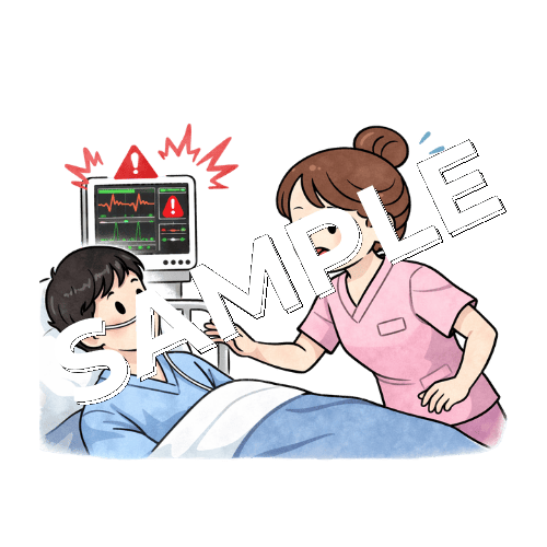 男性患者のモニターアラームに対応する女性看護師のイラスト