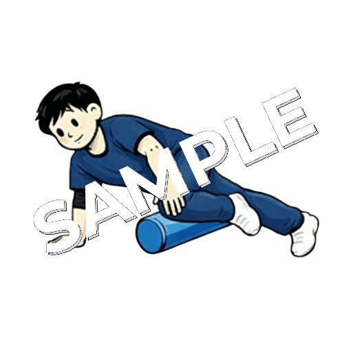 フォームローラーで太ももをほぐしている男性理学療法士のイラスト
