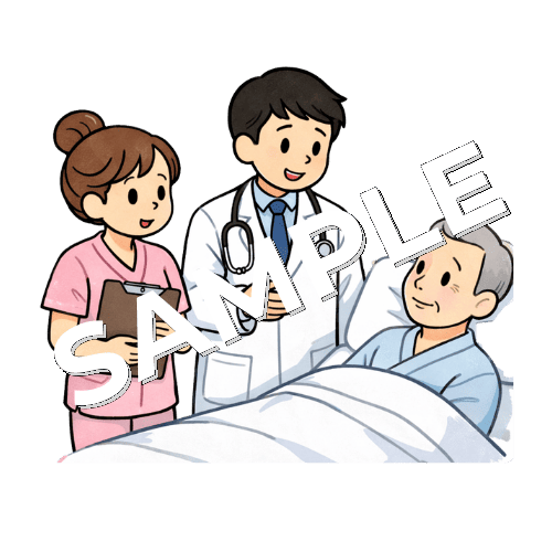 医師と一緒に患者の回診する女性看護師のイラスト