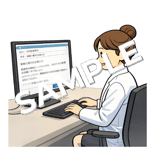社内メールで健康案内を送る女性看護師のイラスト