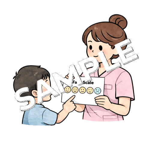 男の子の患者にフェイススケールを見せて痛みを評価する女性看護師のイラスト