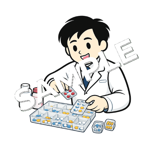 薬をケースに仕分ける男性薬剤師のイラスト