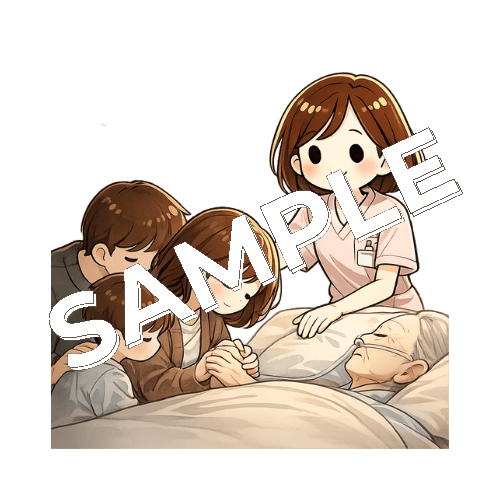 看取りの患者の家族に声をかける女性看護師のイラスト