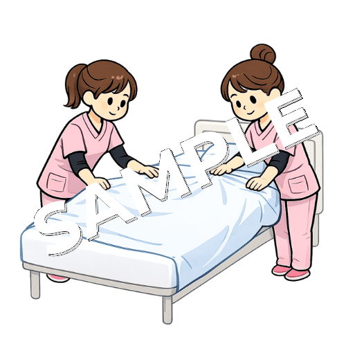 シーツを広げる女性看護師のイラスト