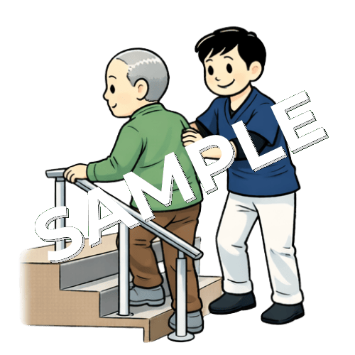 患者と一緒に階段の手すりを使った昇降訓練をする男性理学療法士のイラスト