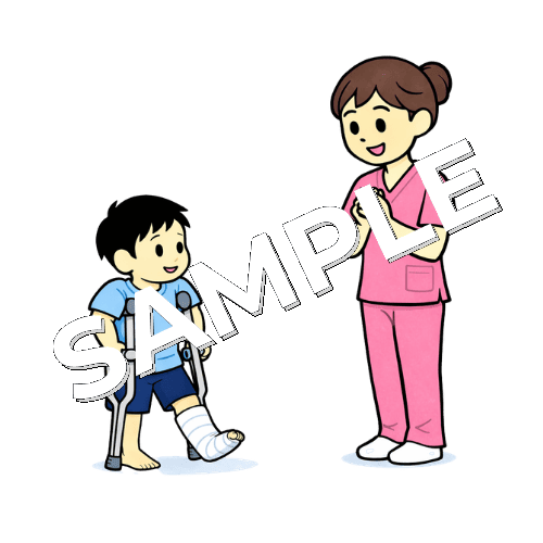男の子の患者の松葉杖歩行を見守る女性看護師のイラスト