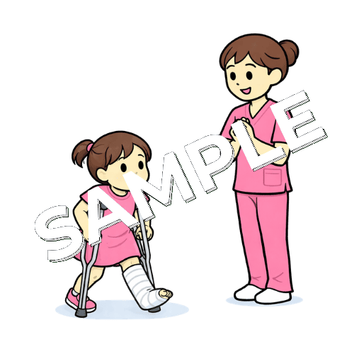 女の子の患者の松葉杖歩行を見守る女性看護師のイラスト