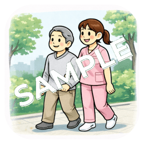 患者と散歩する女性看護師のイラスト