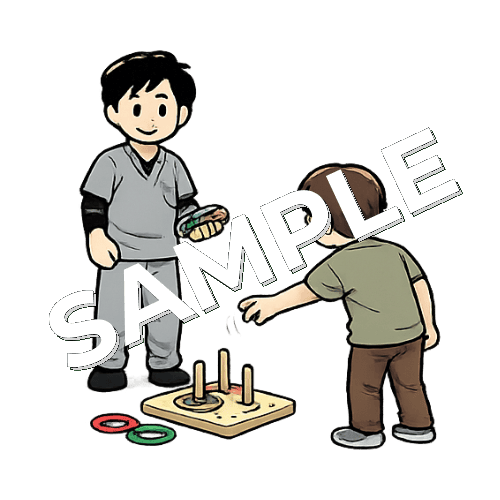 患者に輪投げで上肢訓練をさせる男性作業療法士のイラスト