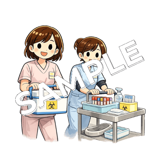 看護助手と一緒に検体を検査室に運ぶ女性看護師のイラスト