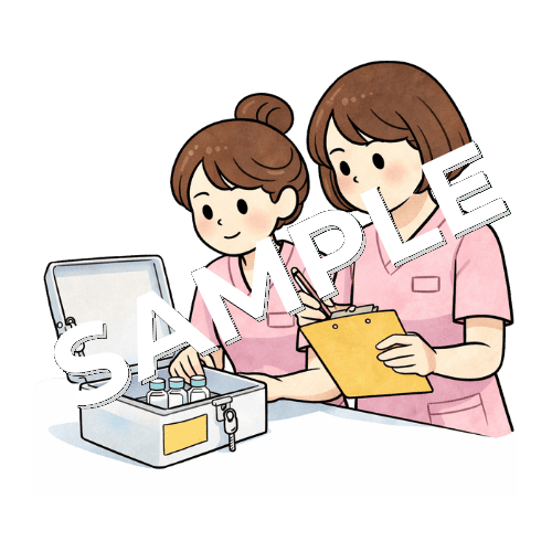麻薬残量のダブルチェックをする2人の女性看護師のイラスト