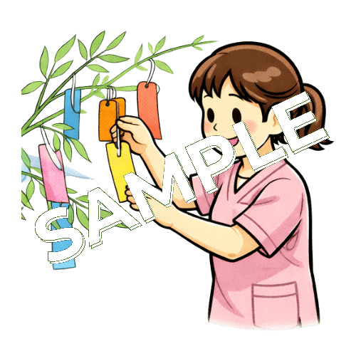 短冊を笹に結んでいる女性看護師のイラスト