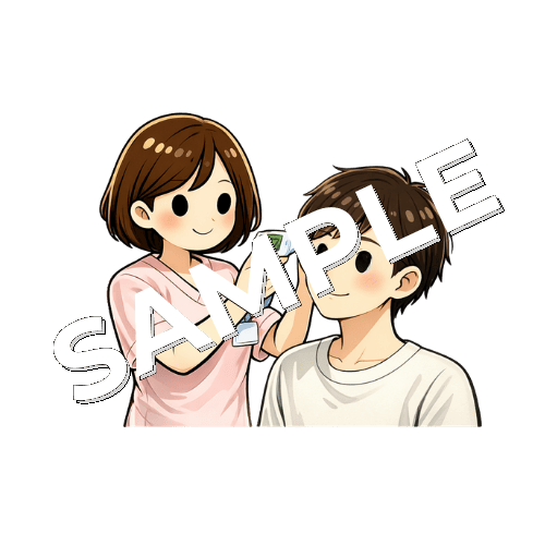 若者男性患者の耳に体温計を当てる女性看護師のイラスト