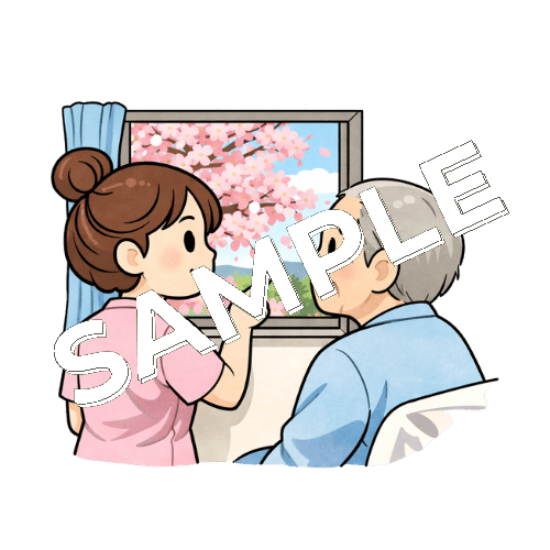 患者と一緒に窓から桜を見る女性看護師のイラスト