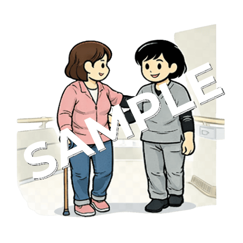 患者と一緒に廊下を杖歩行する女性理学療法士のイラスト
