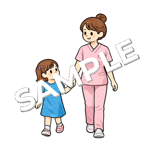 処置室へ小児患者（女の子）と一緒に歩く女性看護師のイラスト