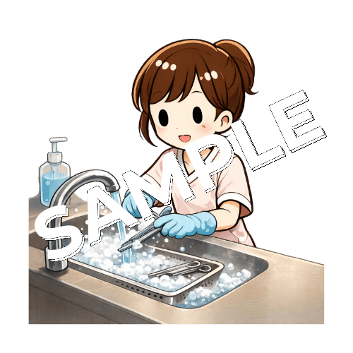 医療器具を手洗浄している女性看護師のイラスト