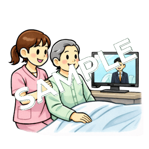 患者とテレビを見る女性看護師のイラスト