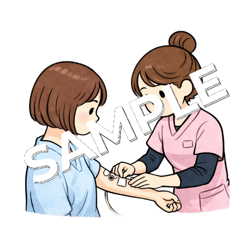 女性患者に点滴固定テープを貼る女性看護師のイラスト