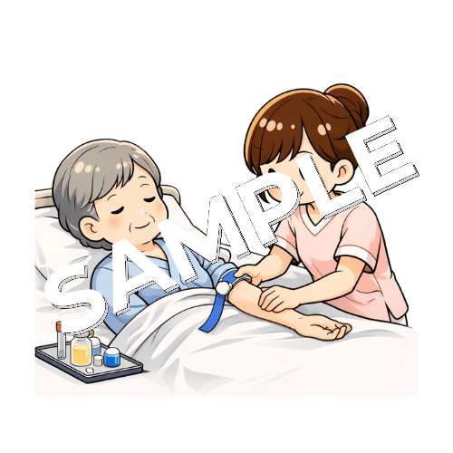 患者の腕に駆血帯を巻く女性看護師のイラスト