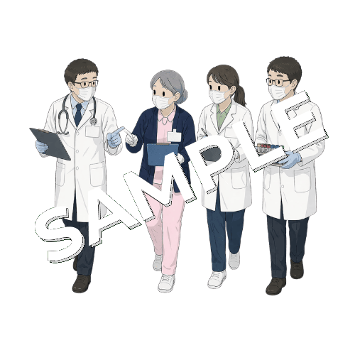 院内感染対策チーム（ICT）で医師・薬剤師・検査技師と巡回するベテラン女性看護師のイラスト